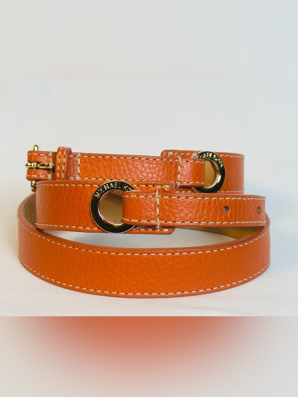 Michael Kors Genuine Leather Orange Belt Gold Logo Buckle Size L